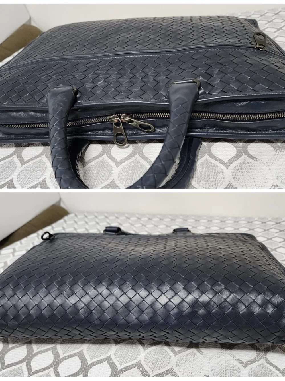 Bottega Veneta Intrecciato Top Zip Briefcase Navy Blue